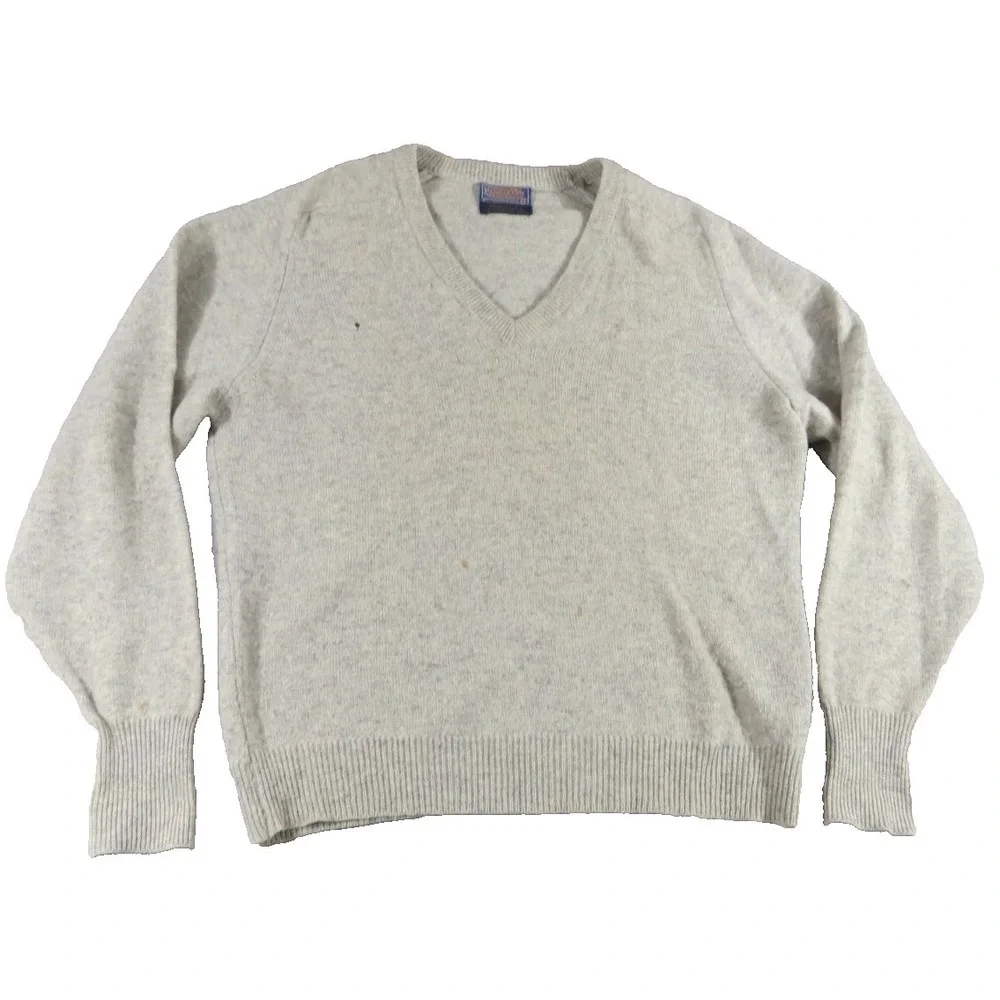 VTG 70s Pendleton Men L Lambswool V Neck Sweater Gray Pullover Made In USA Flaw